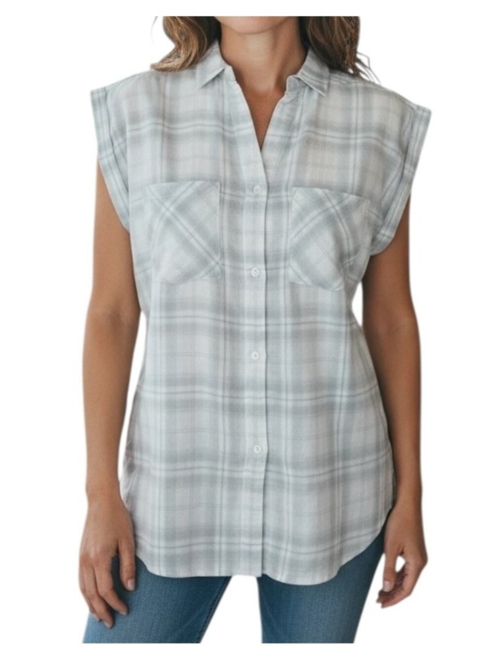 UNTUCKIT Womens Villefranche Button Up Blouse~Size 2~Gray Ivory Plaid NWOT L3 28